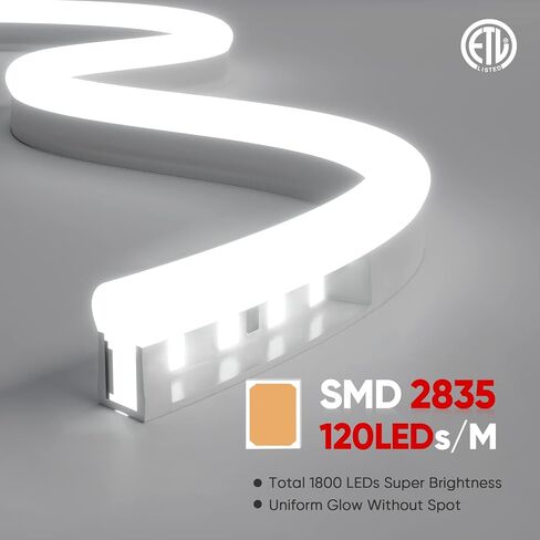 Shine Decor LED Neon Rope Lights AC 120V, ETL-Listed Flexible 120LEDs/M Dotless Strip Lighting, Custom Cuttable & IP65 Waterproof for Indoor Outdoor, 6500K Cool White, 150FT in Kuwait