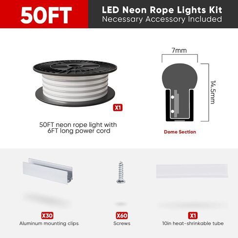 Shine Decor LED Neon Rope Lights AC 120V, ETL-Listed Flexible 120LEDs/M Dotless Strip Lighting, Custom Cuttable & IP65 Waterproof for Indoor Outdoor, 6500K Cool White, 150FT in Kuwait