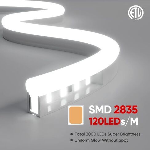 Shine Decor LED Neon Rope Lights AC 120V, ETL-Listed Flexible 120LEDs/M Dotless Strip Lighting, Custom Cuttable & IP65 Waterproof for Indoor Outdoor, 6500K Cool White, 150FT in Kuwait