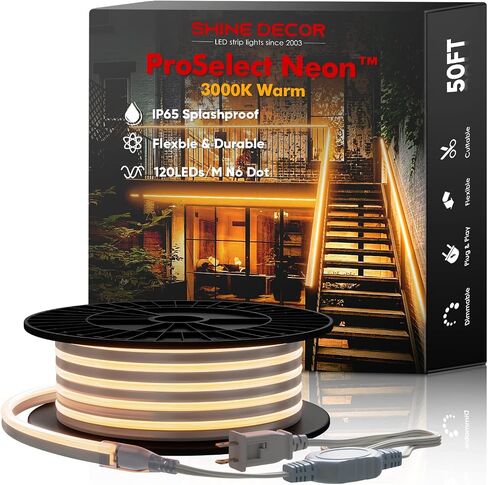 Shine Decor LED Neon Rope Lights AC 120V, ETL-Listed Flexible 120LEDs/M Dotless Strip Lighting, Custom Cuttable & IP65 Waterproof for Indoor Outdoor, 6500K Cool White, 150FT in Kuwait