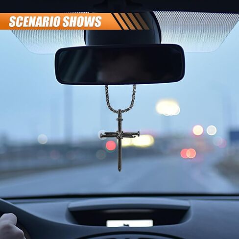 Nail Cross Pendant for Car Rearview Mirror Hanging Accessories - Metal Cross Necklace Ornament Car Interior Rear View Mirror Charm for Men Women - Universal Religious Cross Chain Decoration (Black) in Saudi Arabia