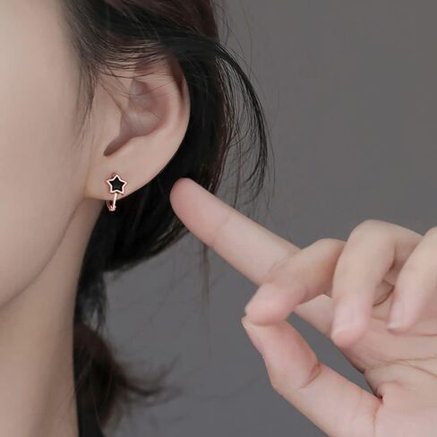 Reffeer Solid 925 Sterling Silver Star Black Star Huggie Hoops for Women Teens Small Star Hoop Earrings Cartilage Helix أقراط in Saudi Arabia