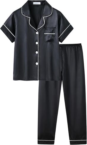 CYCHELRY Big Girls Satin Pajamas Summer Short Sleeve and Pants Button Down Silky Unisex Kid PJS 2PCS Sleepwear Set Size 8-16 in Kuwait