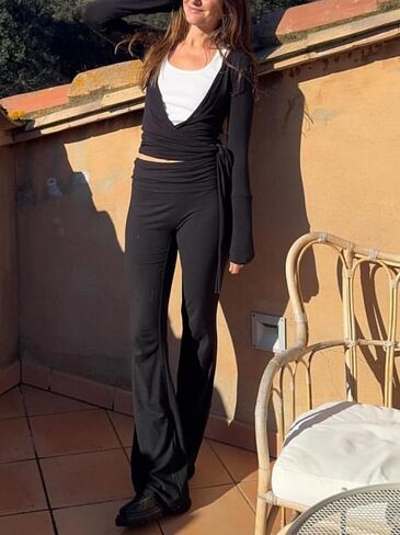 Women Ballet Wrap Tops Sets Athletic Pilates Tie Front Long Sleeve Shirt Sets Y2k Yoga Cross V Neck Fairy Blouse Sets in Saudi Arabia