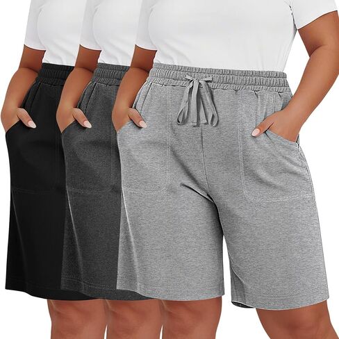 Riyiper 3 Pack Women's Plus Size Bermuda Shorts, Drawstring Elastic High Waist Loose Fit Casual Athletic Bottoms with Pockets in Saudi Arabia
