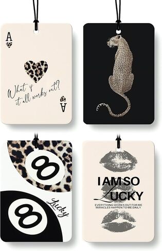 Black Leopard Print Car Air Freshener 4 Pcs, Trendy Cheetah Lucky 8 Ball Ace Card Lips Hanging Air Freshener for Cars Closet Drawer Books, Leopard Car Accessories Mirror Decor for Women in Saudi Arabia