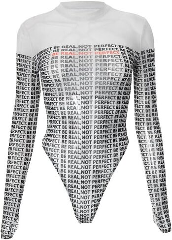Women's Sexy Bodysuit Long Sleeve Round Neck Sheer Mesh Letter Print See Through Tops Clubwear Going Out Rompers in Saudi Arabia