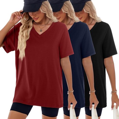 Huukeay Women's Cotton Oversized T Shirts 3 Pack V Neck Loose Fit Half Sleeve Tops Baggy Casual Summer Gym Workout Tees 2026 in Saudi Arabia