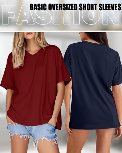 Huukeay Women's Cotton Oversized T Shirts 3 Pack V Neck Loose Fit Half Sleeve Tops Baggy Casual Summer Gym Workout Tees 2026 in Saudi Arabia