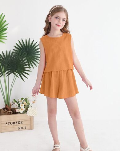 Cute Clothes for Girl Summer Outfits Kids Sleeveless Crop Tank Top Shorts Tween Girls Trendy Clothing Set Size 8-12 in Kuwait