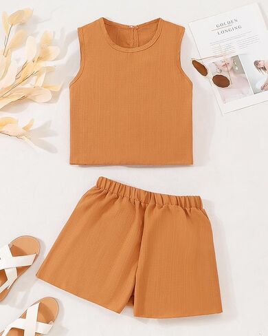 Cute Clothes for Girl Summer Outfits Kids Sleeveless Crop Tank Top Shorts Tween Girls Trendy Clothing Set Size 8-12 in Kuwait