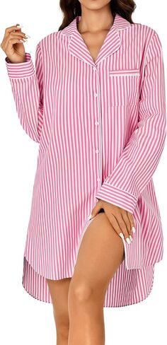 Rooscier Women's Cotton Striped Nightgown Collar V Neck Long Sleeve Sleep Shirts Nightdress Button Down Nightwear in Saudi Arabia