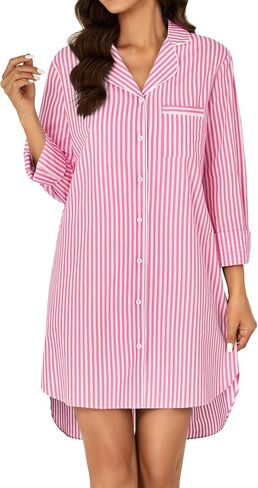 Rooscier Women's Cotton Striped Nightgown Collar V Neck Long Sleeve Sleep Shirts Nightdress Button Down Nightwear in Saudi Arabia