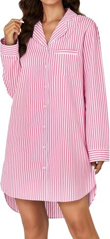 Rooscier Women's Cotton Striped Nightgown Collar V Neck Long Sleeve Sleep Shirts Nightdress Button Down Nightwear in Saudi Arabia