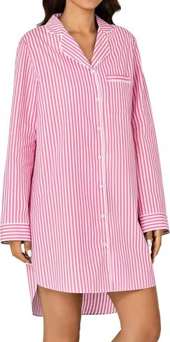 Rooscier Women's Cotton Striped Nightgown Collar V Neck Long Sleeve Sleep Shirts Nightdress Button Down Nightwear in Saudi Arabia