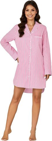 Rooscier Women's Cotton Striped Nightgown Collar V Neck Long Sleeve Sleep Shirts Nightdress Button Down Nightwear in Saudi Arabia