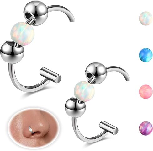 20G Fake Nose Ring Opalite Faux Nose Hoop Fake Nose Piercings for Women Clip On Surgical Steel Faux Nose Rings Snake Bites Non Pierce Cartilage Helix Ear Lip Rings, 8mm/10mm in Saudi Arabia