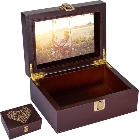 Small Wooden Memory Keepsake Boxes With Hinged Lids and a photo frame inside the lid - Decorative Storage Box With a Hinge Lids For Picture Letter Time Capsule - Wooden Gift Boxes，3.1“*5.1"*7.1“ in Kuwait