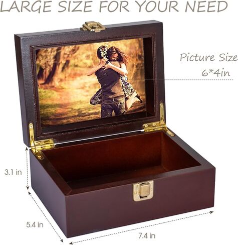 Small Wooden Memory Keepsake Boxes With Hinged Lids and a photo frame inside the lid - Decorative Storage Box With a Hinge Lids For Picture Letter Time Capsule - Wooden Gift Boxes，3.1“*5.1"*7.1“ in Kuwait
