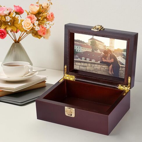 Small Wooden Memory Keepsake Boxes With Hinged Lids and a photo frame inside the lid - Decorative Storage Box With a Hinge Lids For Picture Letter Time Capsule - Wooden Gift Boxes，3.1“*5.1"*7.1“ in Kuwait