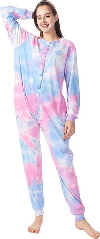 Lifeye Womens Onesie Pajamas Tie-Dye Cotton Romper Thermal Sleepwear Long Sleeve Jumpsuit Homewear Nightwear with Pockets in Kuwait