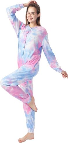 Lifeye Womens Onesie Pajamas Tie-Dye Cotton Romper Thermal Sleepwear Long Sleeve Jumpsuit Homewear Nightwear with Pockets in Kuwait