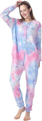 Lifeye Womens Onesie Pajamas Tie-Dye Cotton Romper Thermal Sleepwear Long Sleeve Jumpsuit Homewear Nightwear with Pockets in Kuwait
