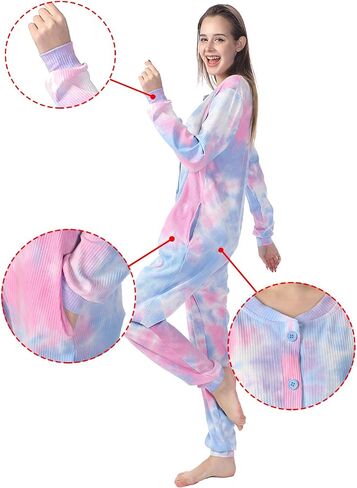 Lifeye Womens Onesie Pajamas Tie-Dye Cotton Romper Thermal Sleepwear Long Sleeve Jumpsuit Homewear Nightwear with Pockets in Kuwait