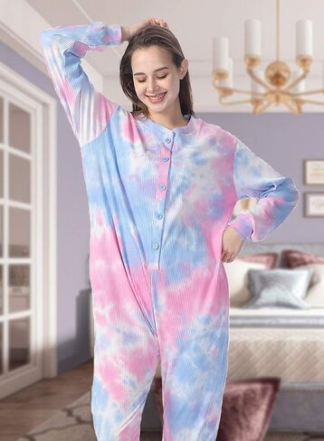 Lifeye Womens Onesie Pajamas Tie-Dye Cotton Romper Thermal Sleepwear Long Sleeve Jumpsuit Homewear Nightwear with Pockets in Kuwait