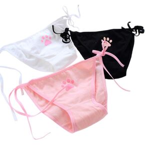 SINROYEE Cute Japanese Style Blue & pink Stripe Panties Bikini Cosplay Cotton Underwear Bandage Anime Free size Hot (3 pieces) (Cat paw)