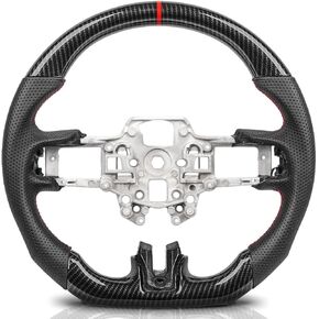 Steering Wheel for Ford Mustang 2018-2022 Hydro Dip Carbon Fiber Steering Wheel with D-shaped Flat-bottom Preforated Leather Grip Red Hand-Stitched