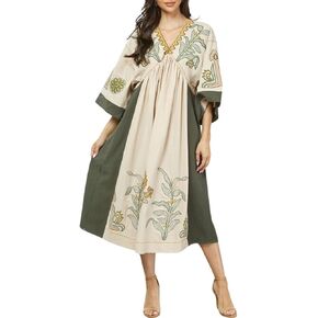 Womens Oversized Floral Embroidered Long Dress with V-Neck and 3/4 Sleeves Vintage Embroidery Babydoll Dress