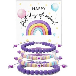 4pcs العودة إلى الأساور المطابقة للمدرسة ، سحر حبات Pink Purple Purple Clay Clay Bead Day في اليوم الأول من موازم الحفلات المدرسية لمرحلة ما قبل المدرسة لابنته ابن الابنة