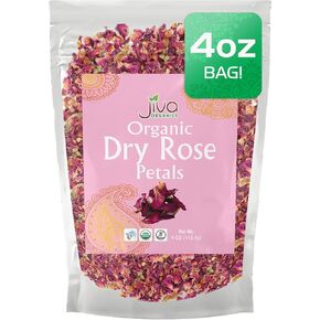 Jiva Organics Dried Red Rose Petals 4 Oz Bag - Non-GMO, USDA Organic, Food Grade, Edible Flowers - Use in Tea, Baking, Making Rose Water, Crafting, Wedding Confetti