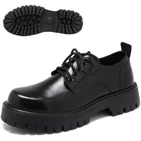 Men's Leather Platform Block Heel Oxfords Classic Round Toe Lace Up Lug Sole Soft Bottom Business Work Dress Shoes Non-Slip Heightening Derby Shoes