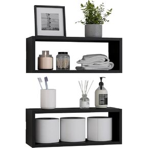 WOPITUES Floating Shelves for Bathroom Wall Decor, Wall Mounted Shelves Over Toilet with 2 Cube Shelves, Bathroom Accessory for Organizers and Storage -Black