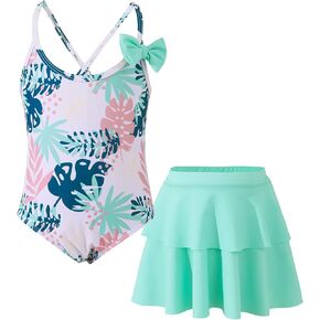Saeaby Girl One Piece Swimsuit Bathing Suits for Girls with Ruffle Skirt Crisscross Hawaii Swimwear 3-8 Years Old