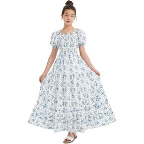 EXARUS Girls Maxi Long Smocked Dress Swiss Dot/Floral Teen Summer Dresses A-line Beach Casual Vacation Sundress in Saudi Arabia