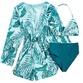 COZYEASE Girl's 3 Piece Graphic Swimsuit Sets Wireless Boho Bathing Suit with Beach Cover Up