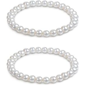 Elastic Pearl Bracelet Wedding Accessories Bridesmaid Bracelet Faux Pearl Bracelet Bridal Party Prom Beaded Bracelet (White-2 pieces)