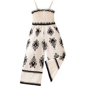 WDIRARA Girl's Boho Floral Sleeveless Jumpsuit Smocked High Waist Wide Leg Pants