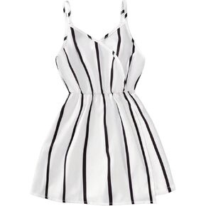 OYOANGLE Girl's Striped Print Wrapped V Neck Cami Rompers Spaghetti Straps High Waist Short Jumpsuits