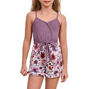SOLY HUX Girl's Summer Floral Cami Romper Sleeveless Belted Vacation Short Jumpsuits