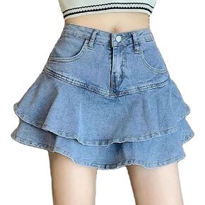 Women's Casual Denim Mini Skirt Ruffled Slim A-line Pleated Jean Short Skirt