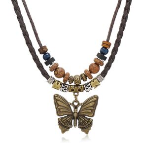 HETICA Boho Necklace for Women, Vintage Butterfly Necklace Adjustable Wooden Beads Layered Braided Necklace Fashion Tribal Style Leather Rope Necklace Jewelry