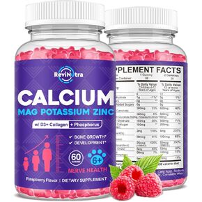 Calcium Potassium Magnesium Gummies for Kids & Adults, with Hydrolyzed Collagen, Zinc, Phosphorus, Multivitamin for Sleep, Bone Strength, Density Support, Sugar Free,Raspberry 60 Gummies