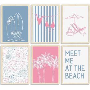 6Pcs Coastal Beach Surfing Wall Art Preppy Bikini Shells Painting Picture Wall Decor Summer Meet Me at the beach Poster Print Artwork for Living Room Bedroom Dining Room Bathroom Home Decoration