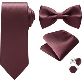Mens Tie Set - Plain Satin Formal Necktie and Bow Tie with Pocket Square, Cufflinks in Gift Box