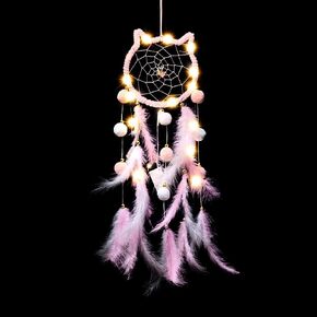 LED Light Up Feather Dream Catcher for Bedroom, Cat Shaped Lighted Dream Catcher with LED Fairy Lights for Girls Boys Kids Adults Room Decor Boho Decor Ornament Craft Gift