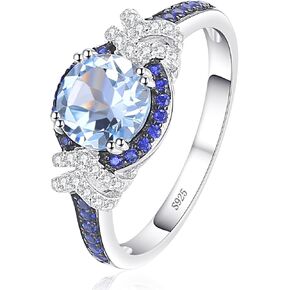Round Cut Halo Ring for Women with Natural Sky Blue Topaz in 925 Sterling Silver, Blue Birthstone 14k White/Black Gold Plated Promise Engagement Ring for Her, Anniversary Birthday Jewelry Set